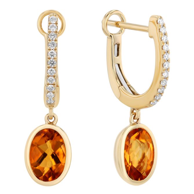 Bezel Set Oval Citrine & Diamond Dangle Hoop Earrings in Yellow Gold