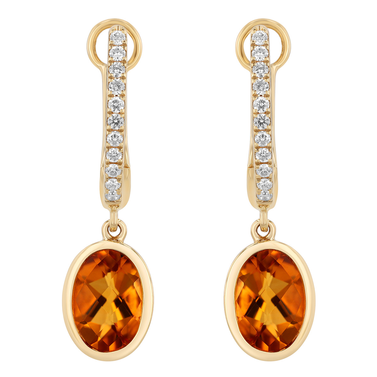 Bezel Set Oval Citrine & Diamond Dangle Hoop Earrings in Yellow Gold