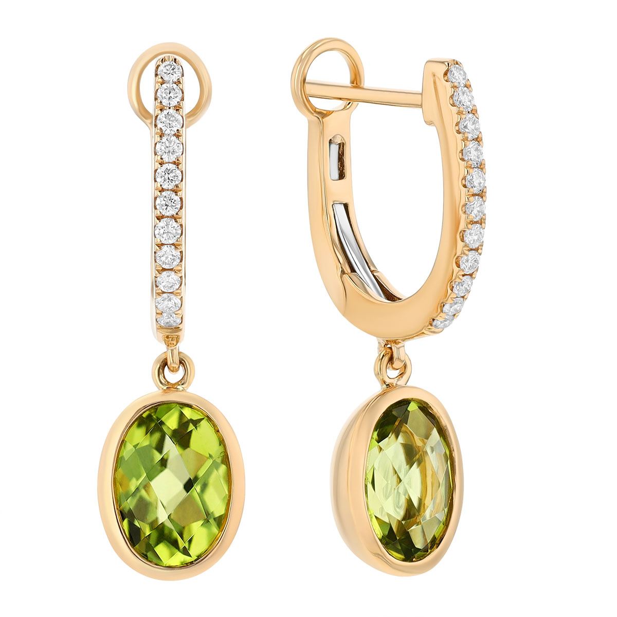 Oval Checkerboard Peridot & Diamond Huggie Hoop Dangle Earrings in Yellow Gold
