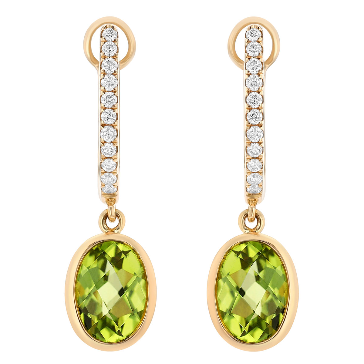 Oval Checkerboard Peridot & Diamond Huggie Hoop Dangle Earrings in Yellow Gold