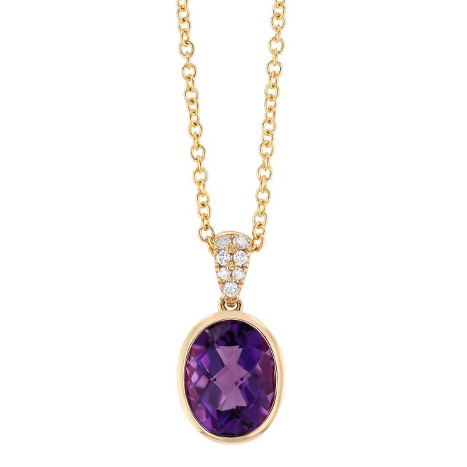 Bezel Set Oval Checkerboard Amethyst & Diamond Pendant in Yellow Gold, 18"