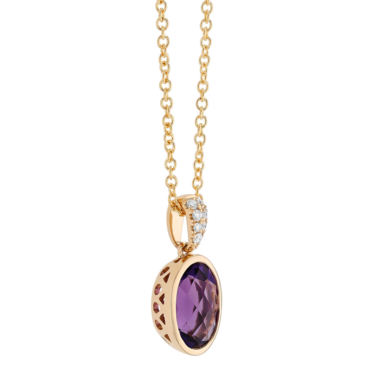 Bezel Set Oval Checkerboard Amethyst & Diamond Pendant in Yellow Gold, 18