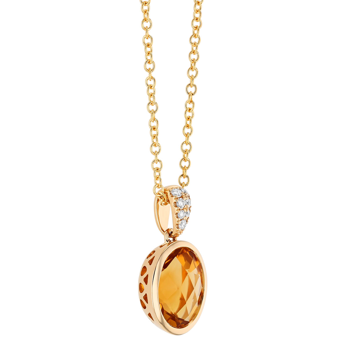 Bezel Set Oval Checkerboard Citrine & Diamond Pendant in Yellow Gold, 18