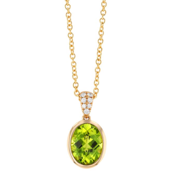Bezel Set Oval Checkerboard Peridot & Diamond Pendant in Yellow Gold, 18"