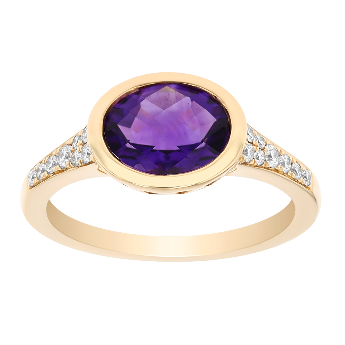 Bezel Set Oval Checkerboard Amethyst & Diamond Side Stone Ring in Yellow Gold