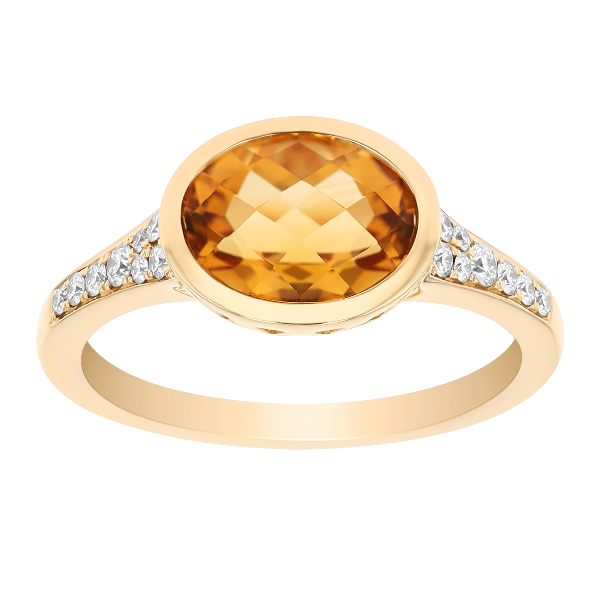 Bezel Set Oval Checkerboard Citrine & Diamond Side Stone Ring in Yellow Gold