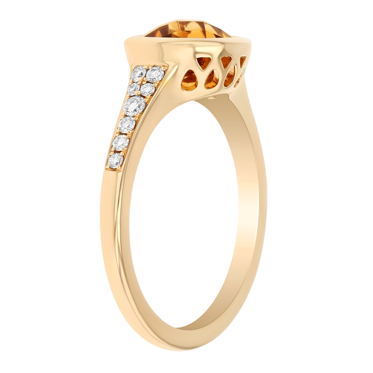 Bezel Set Oval Checkerboard Citrine & Diamond Side Stone Ring in Yellow Gold