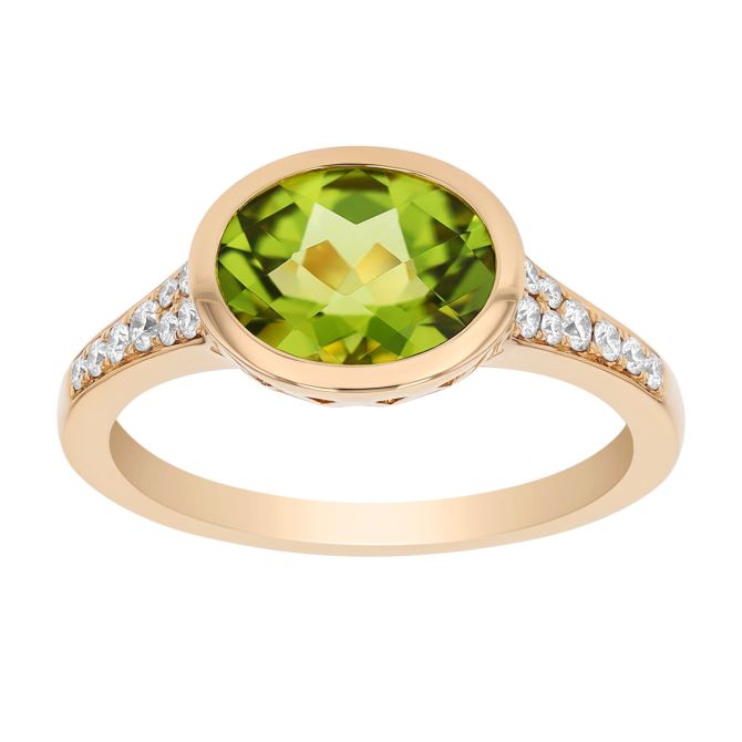 Bezel Set Oval Peridot & Diamond Ring in Yellow Gold