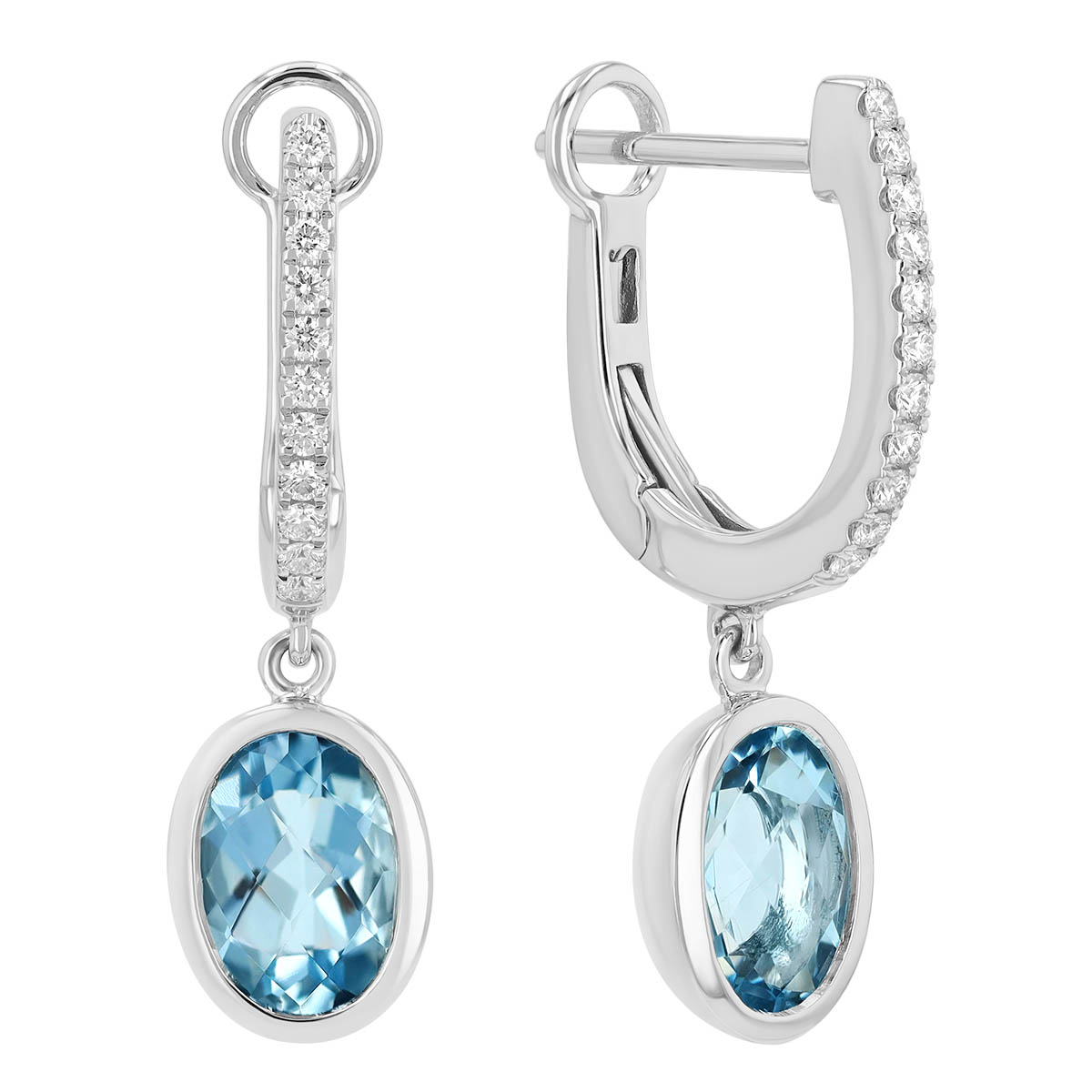 Bezel Set Oval Aquamarine & Diamond Huggie Hoop Dangle Earrings in White Gold