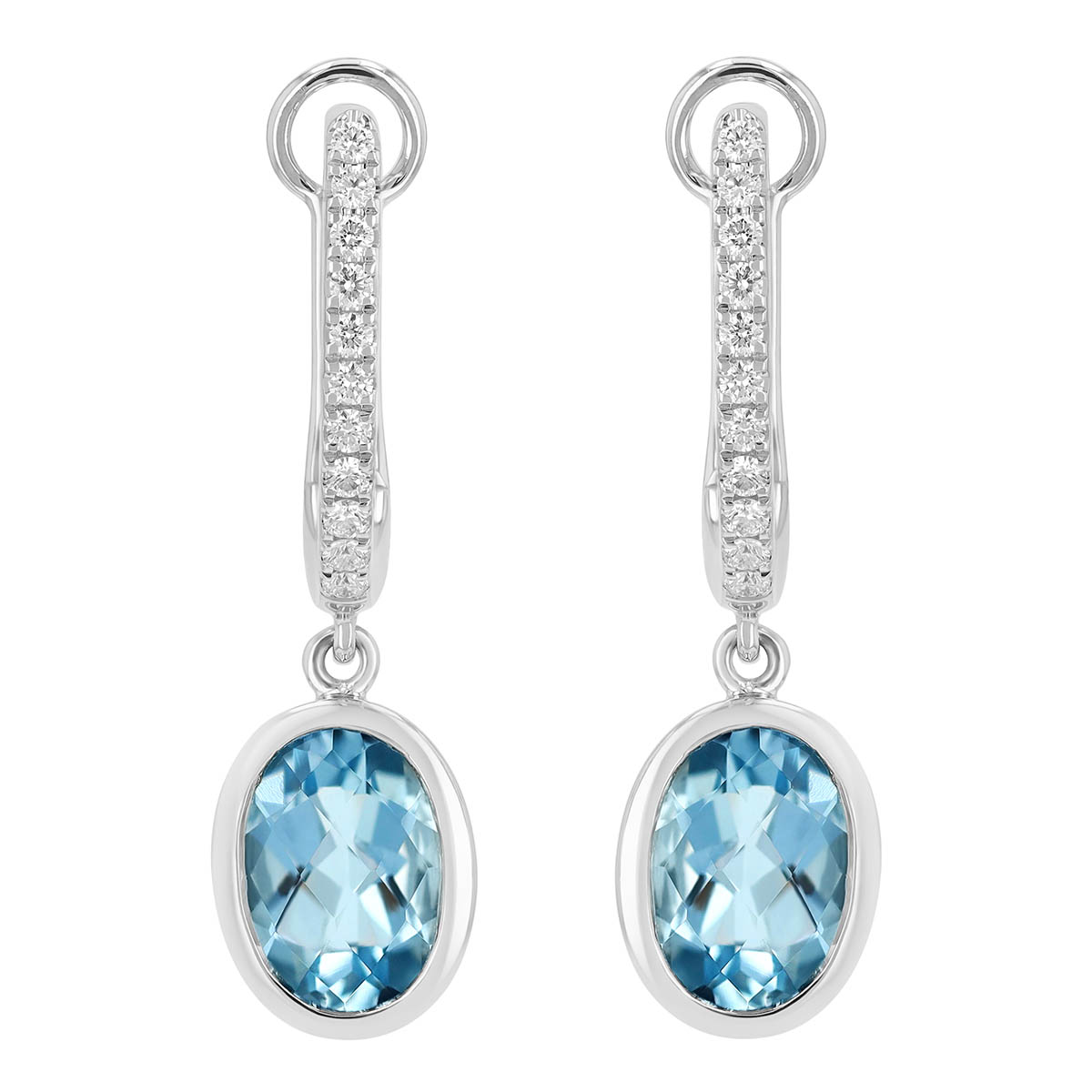 Bezel Set Oval Aquamarine & Diamond Huggie Hoop Dangle Earrings in White Gold