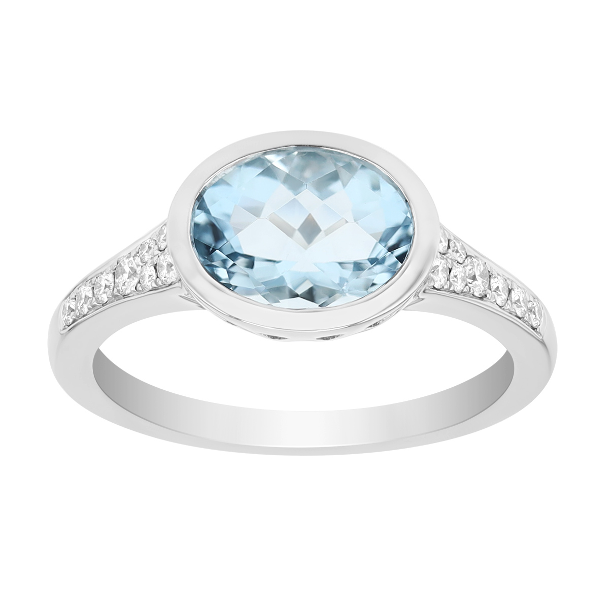 Bezel Set Oval Checkerboard Aquamarine & Diamond Side Stone Ring in White Gold