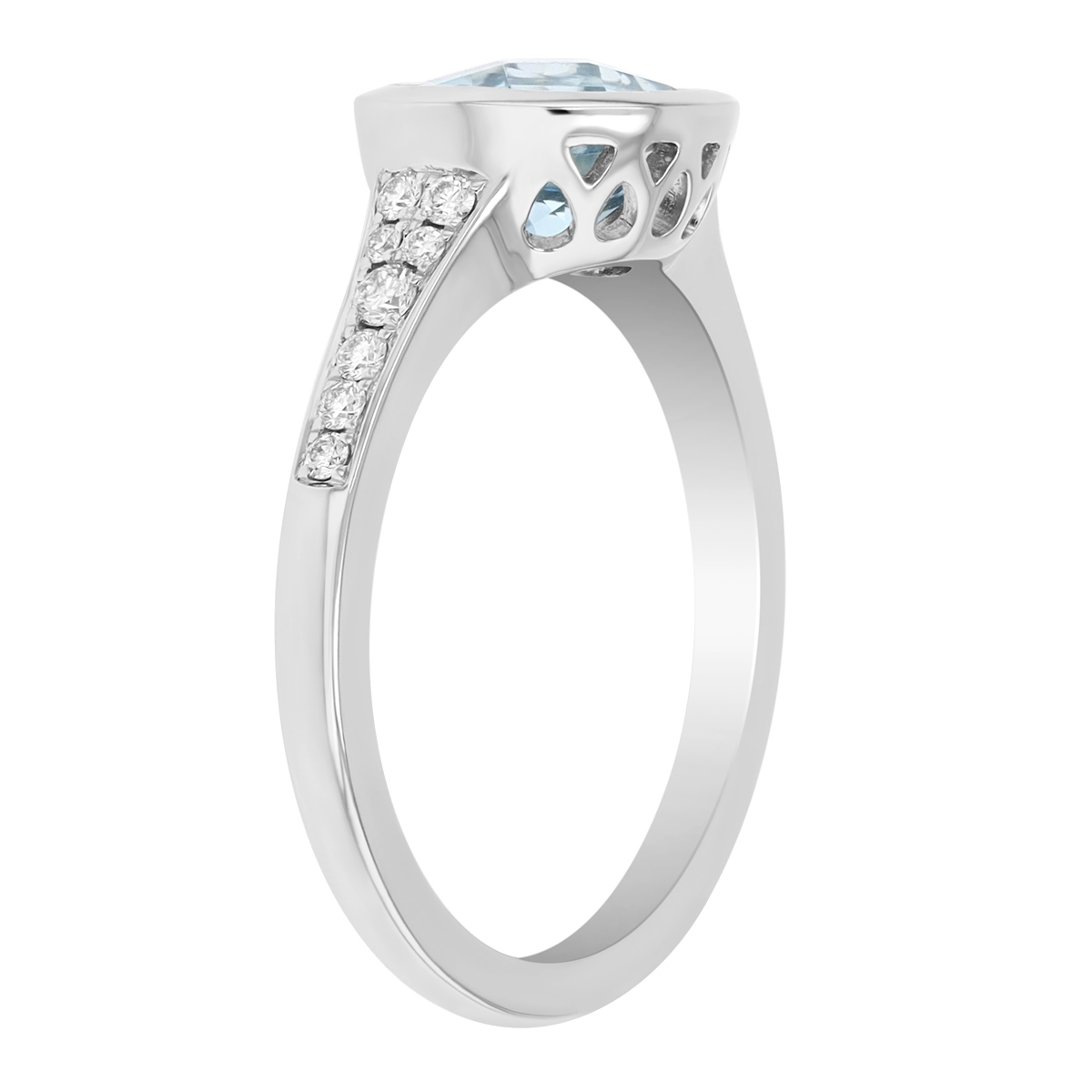 Bezel Set Oval Checkerboard Aquamarine & Diamond Side Stone Ring in White Gold