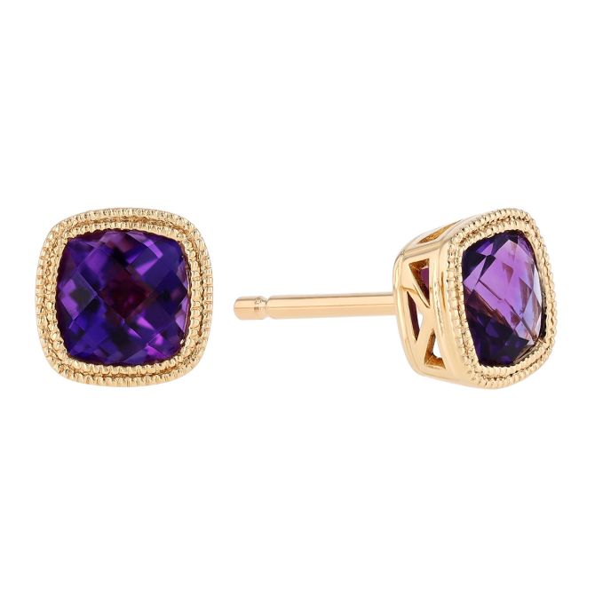 Bezel Set Cushion Checkerboard Amethyst Stud Earrings in Yellow Gold