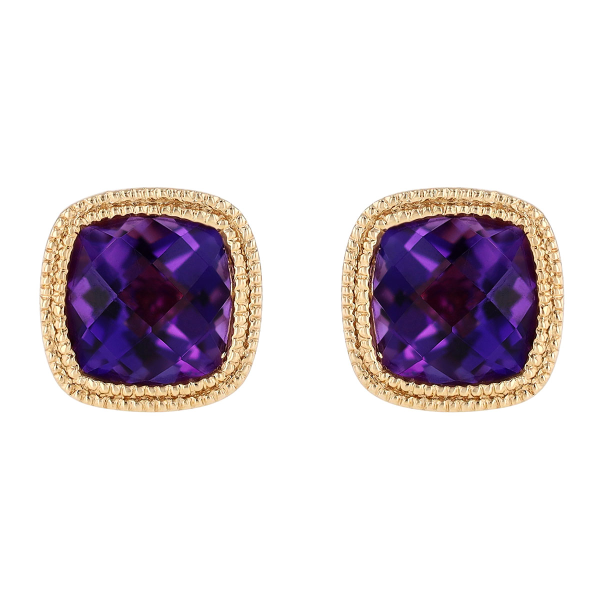 Bezel Set Cushion Checkerboard Amethyst Stud Earrings in Yellow Gold