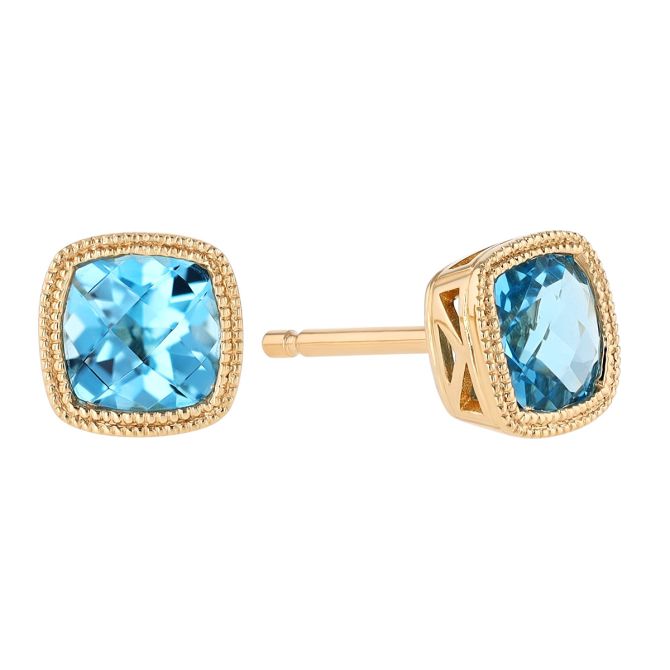 Bezel Set Cushion Checkerboard Topaz Stud Earrings in Yellow Gold
