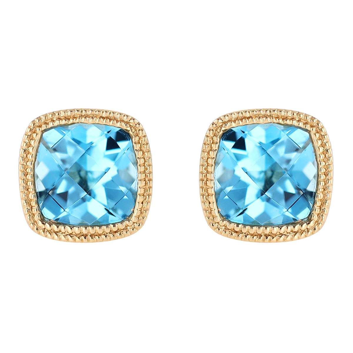 Bezel Set Cushion Checkerboard Topaz Stud Earrings in Yellow Gold