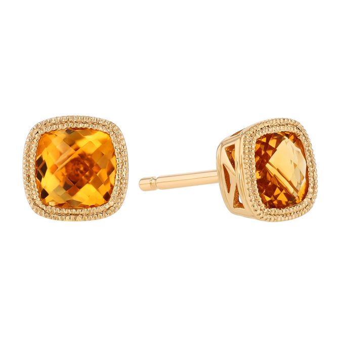 Bezel Set Cushion Checkerboard Citrine Stud Earrings in Yellow Gold
