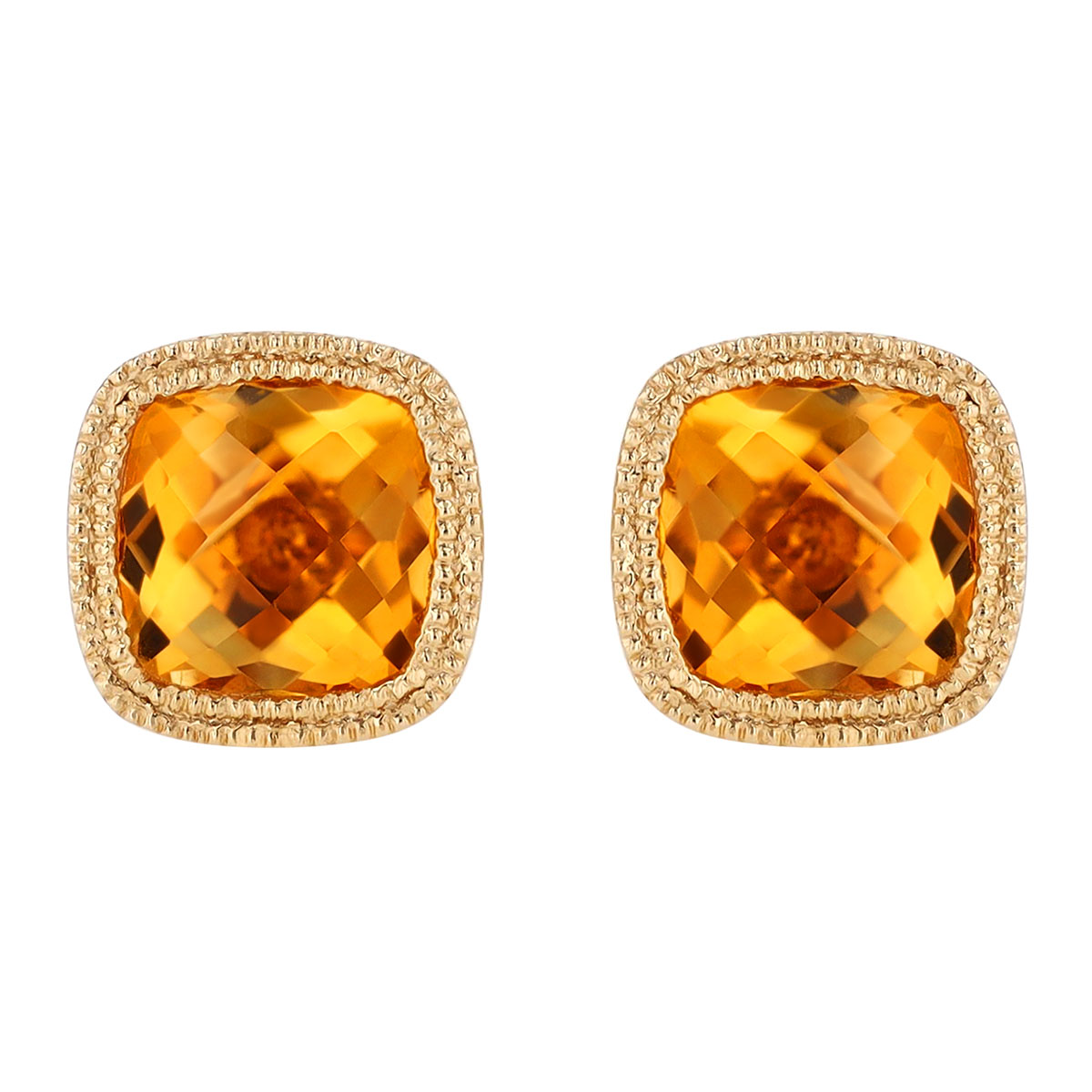 Bezel Set Cushion Checkerboard Citrine Stud Earrings in Yellow Gold