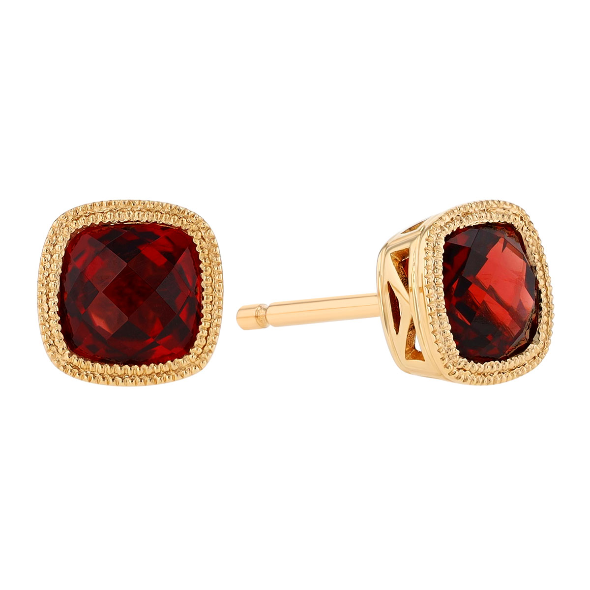 Bezel Set Cushion Checkerboard Garnet Stud Earrings in Yellow Gold
