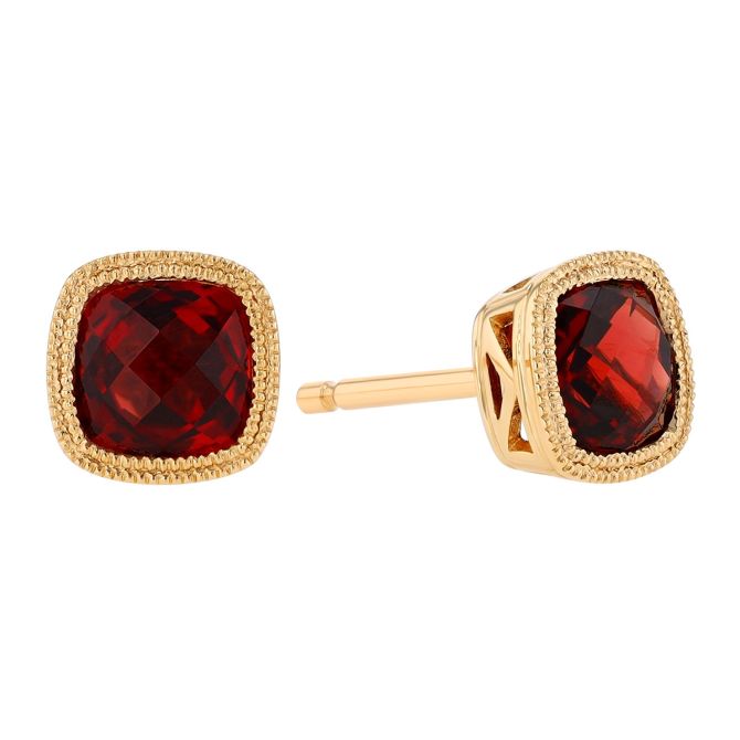 Bezel Set Cushion Checkerboard Garnet Stud Earrings in Yellow Gold