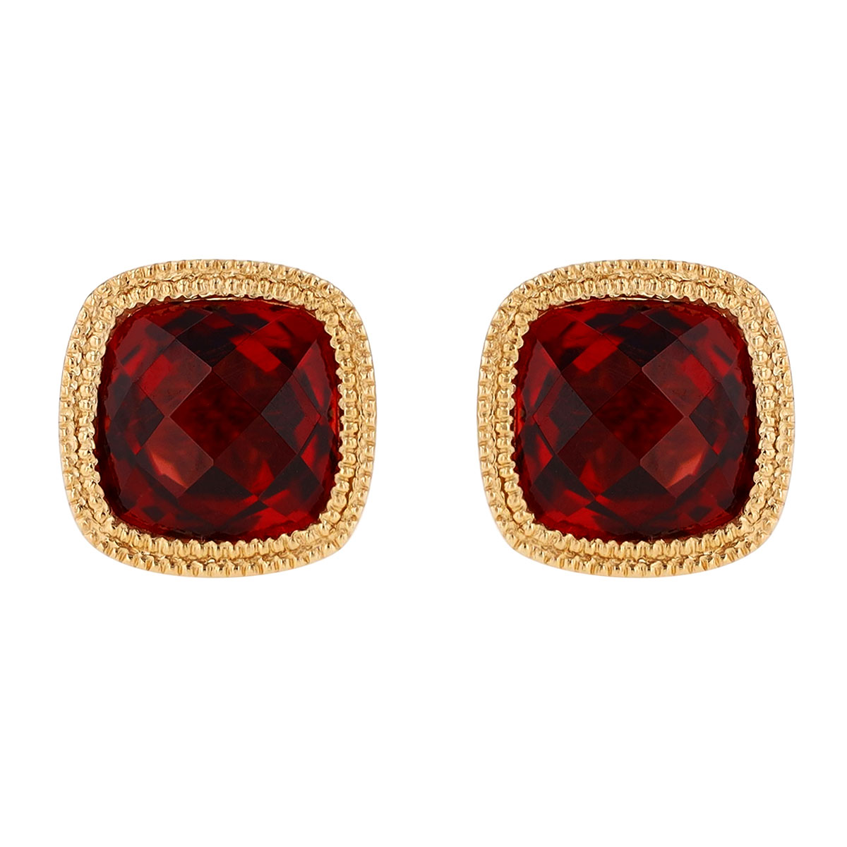 Bezel Set Cushion Checkerboard Garnet Stud Earrings in Yellow Gold