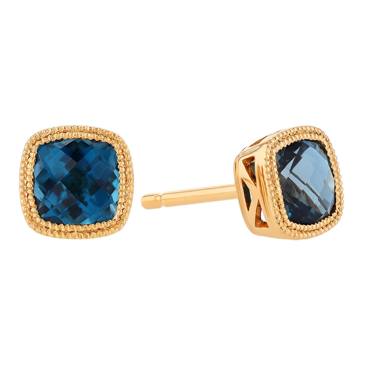 Bezel Set Cushion Checkerboard Topaz & Milgrain Stud Earrings in Yellow Gold