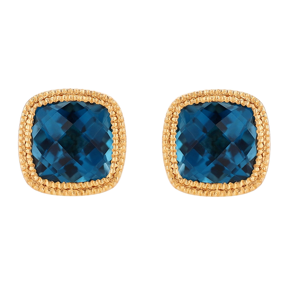 Bezel Set Cushion Checkerboard Topaz & Milgrain Stud Earrings in Yellow Gold