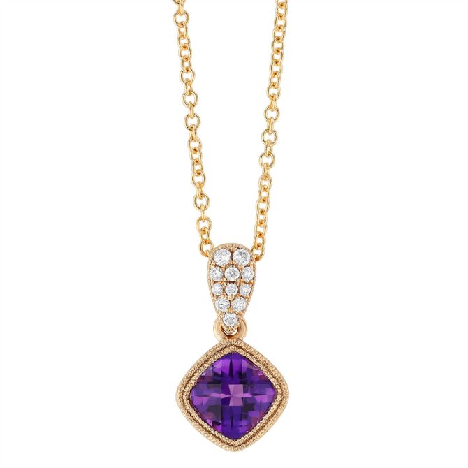 Bezel Set Cushion Checkerboard Amethyst & Diamond Pendant in Yellow Gold, 18"