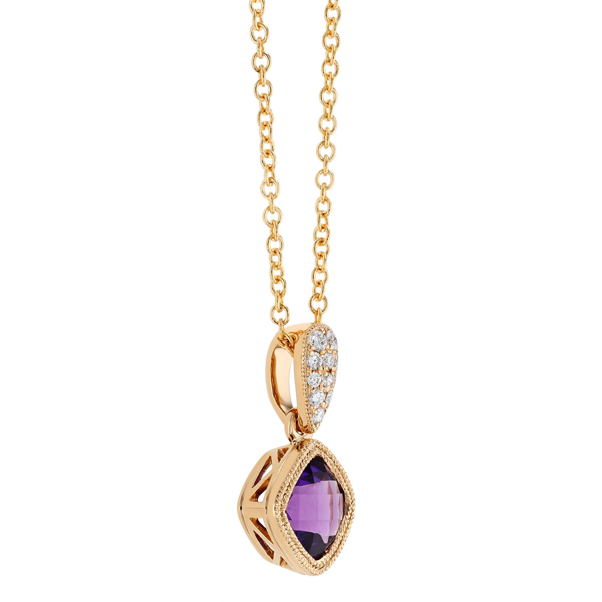 Bezel Set Cushion Checkerboard Amethyst & Diamond Pendant in Yellow Gold, 18