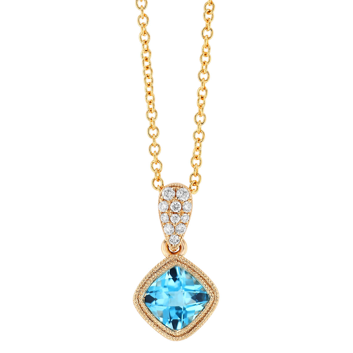 Bezel Set Cushion Checkerboard Topaz & Diamond Pendant in Yellow Gold, 18