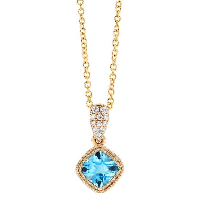 Bezel Set Cushion Checkerboard Topaz & Diamond Pendant in Yellow Gold, 18"