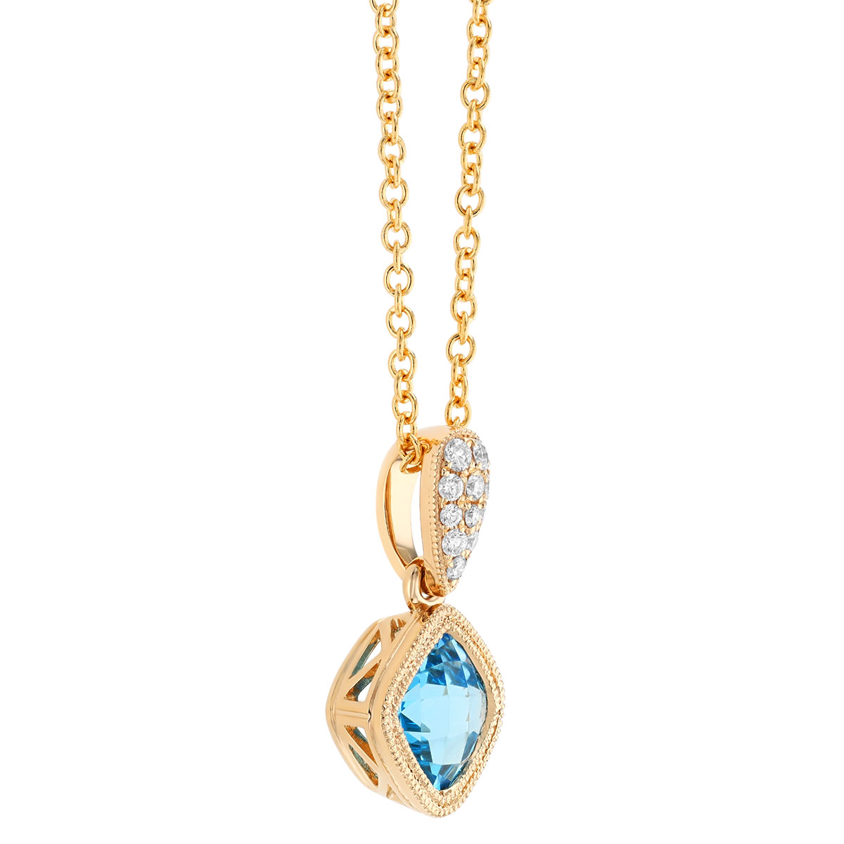 Bezel Set Cushion Checkerboard Topaz & Diamond Pendant in Yellow Gold, 18