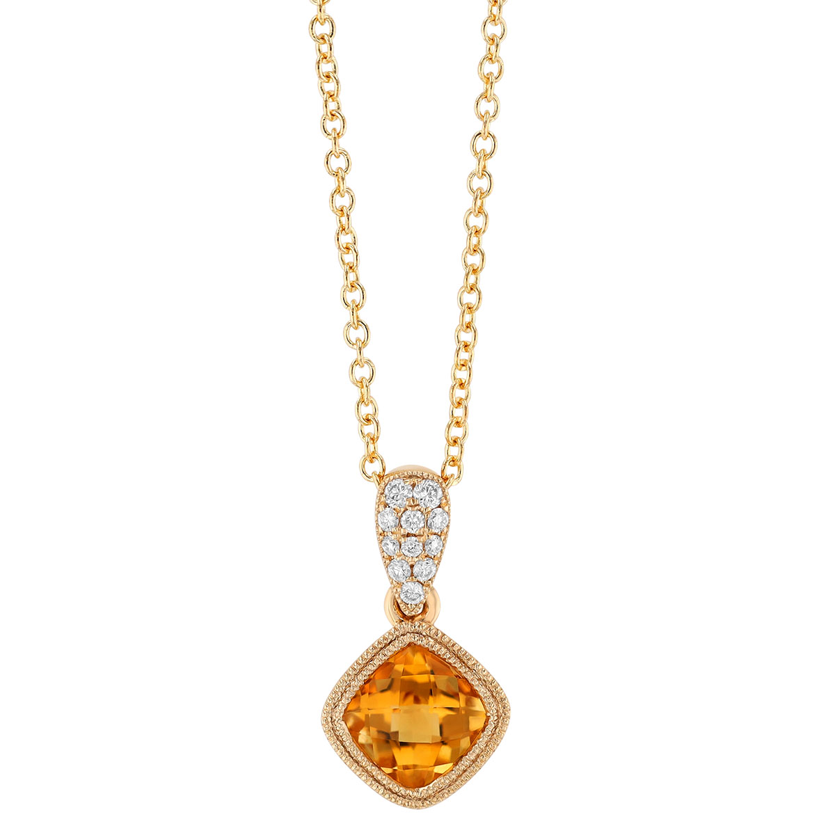 Bezel Set Cushion Checkerboard Citrine & Diamond Pendant in Yellow Gold, 18