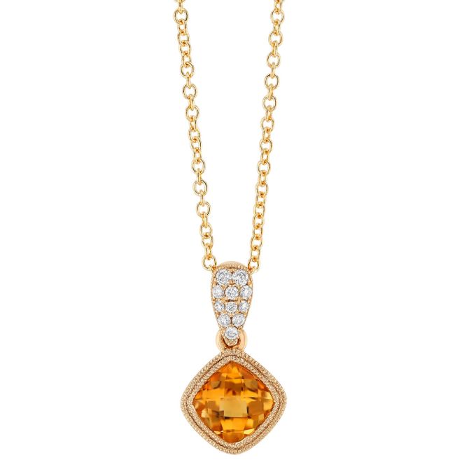 Bezel Set Cushion Checkerboard Citrine & Diamond Pendant in Yellow Gold, 18"