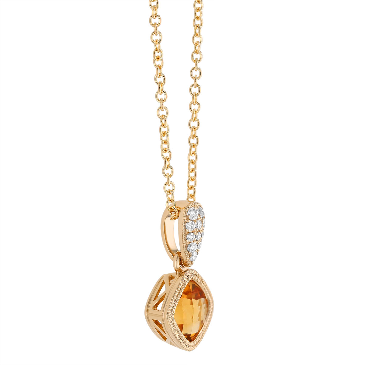 Bezel Set Cushion Checkerboard Citrine & Diamond Pendant in Yellow Gold, 18