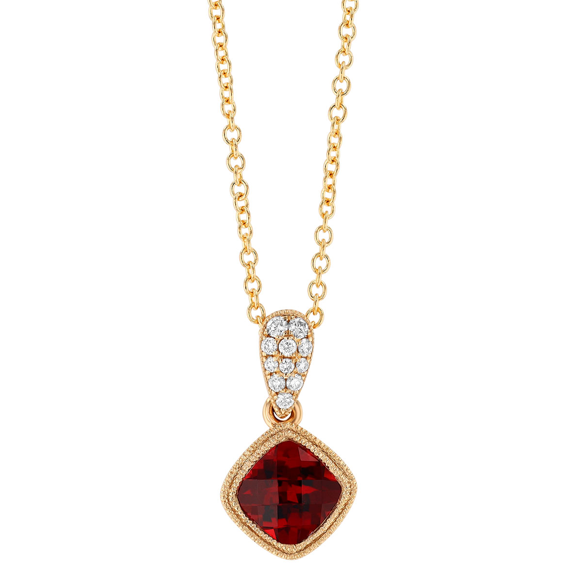 Bezel Set Cushion Checkerboard Garnet & Diamond Pendant in Yellow Gold, 18