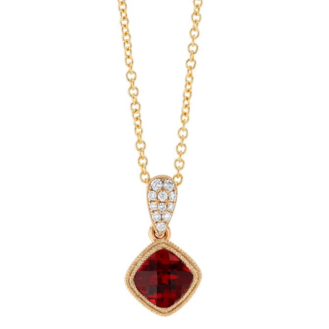 Bezel Set Cushion Checkerboard Garnet & Diamond Pendant in Yellow Gold, 18"