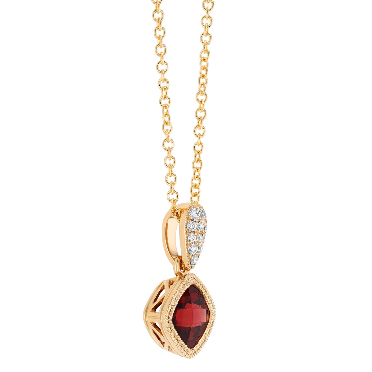 Bezel Set Cushion Checkerboard Garnet & Diamond Pendant in Yellow Gold, 18