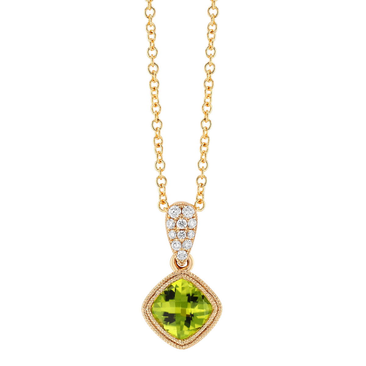 Bezel Set Cushion Checkerboard Peridot & Diamond Pendant in Yellow Gold, 18