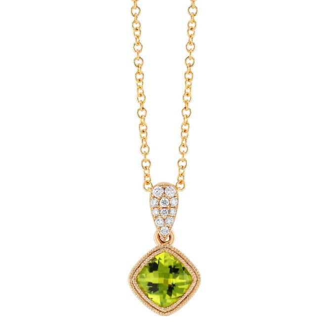 Bezel Set Cushion Checkerboard Peridot & Diamond Pendant in Yellow Gold, 18"