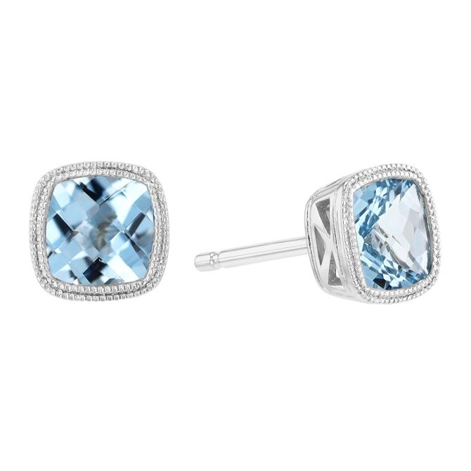Bezel Set Cushion Checkerboard Aquamarine Stud Earrings in White Gold