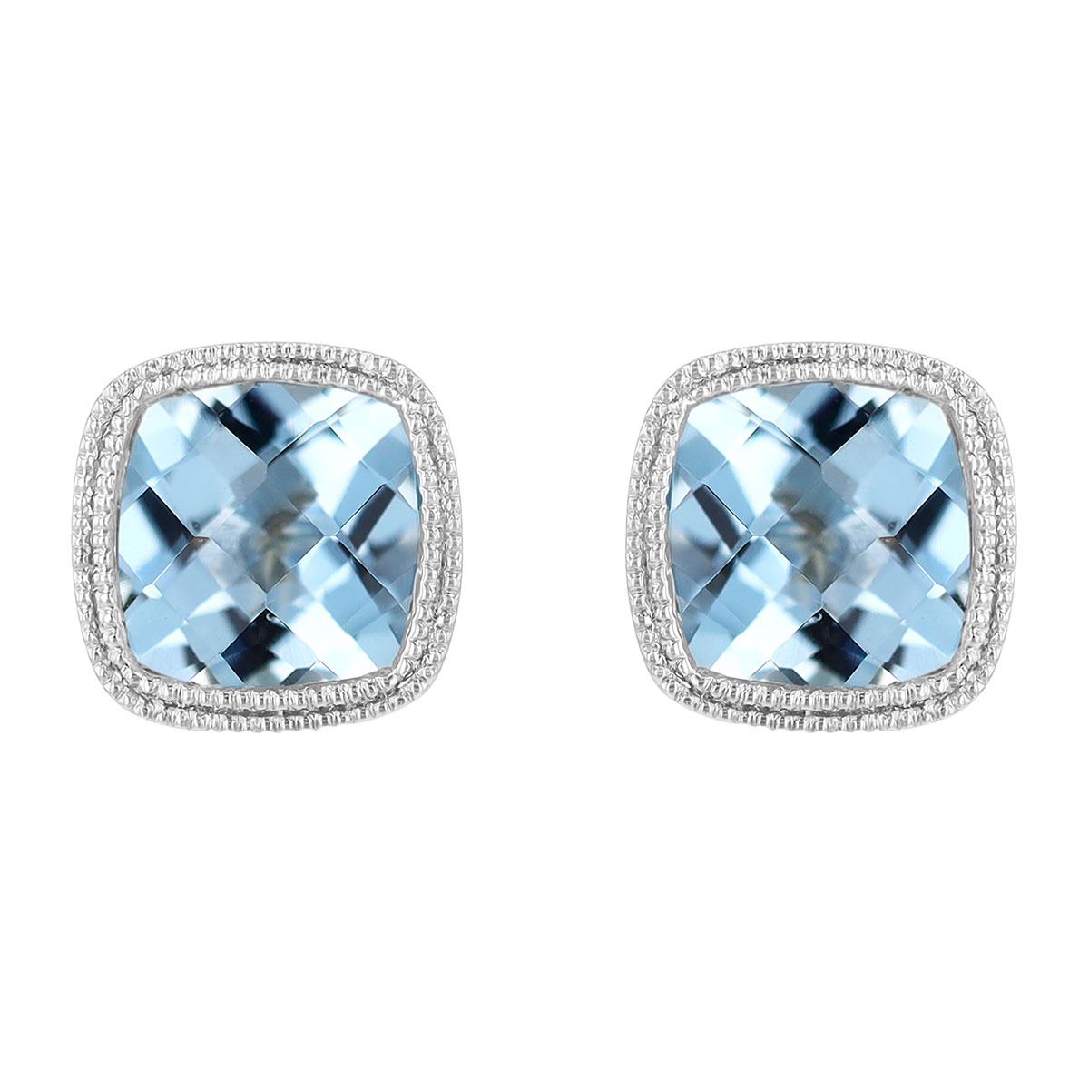 Bezel Set Cushion Checkerboard Aquamarine Stud Earrings in White Gold