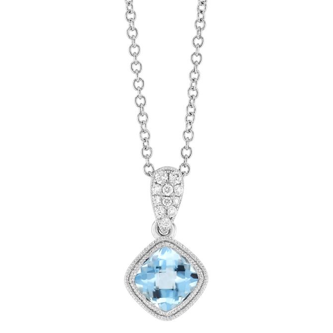 Bezel Set Cushion Checkerboard Aquamarine & Diamond Pendant in White Gold, 18"