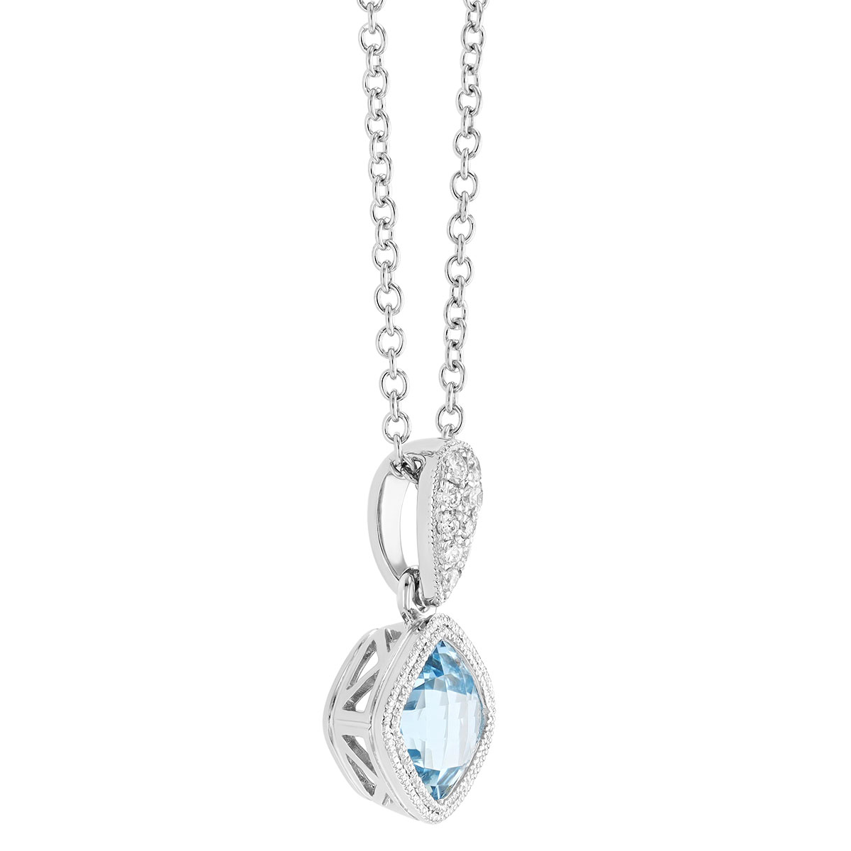 Bezel Set Cushion Checkerboard Aquamarine & Diamond Pendant in White Gold, 18