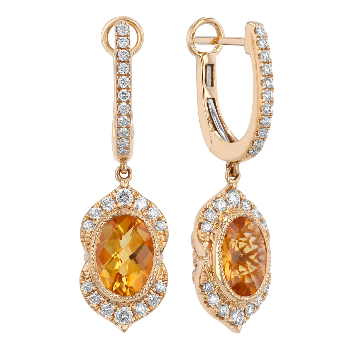 Oval Checkerboard Citrine & Diamond Split Halo Dangle Hoop Earrings in Yellow Gold