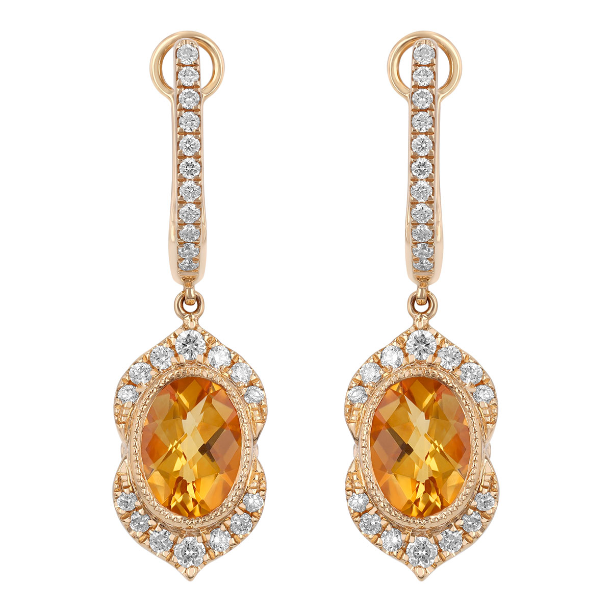 Oval Checkerboard Citrine & Diamond Split Halo Dangle Hoop Earrings in Yellow Gold