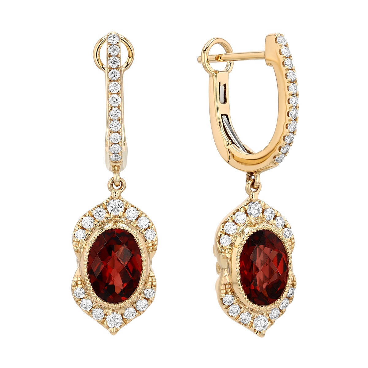 Oval Garnet & Diamond Split Halo Huggie Hoop Dangle Earrings in Yellow Gold