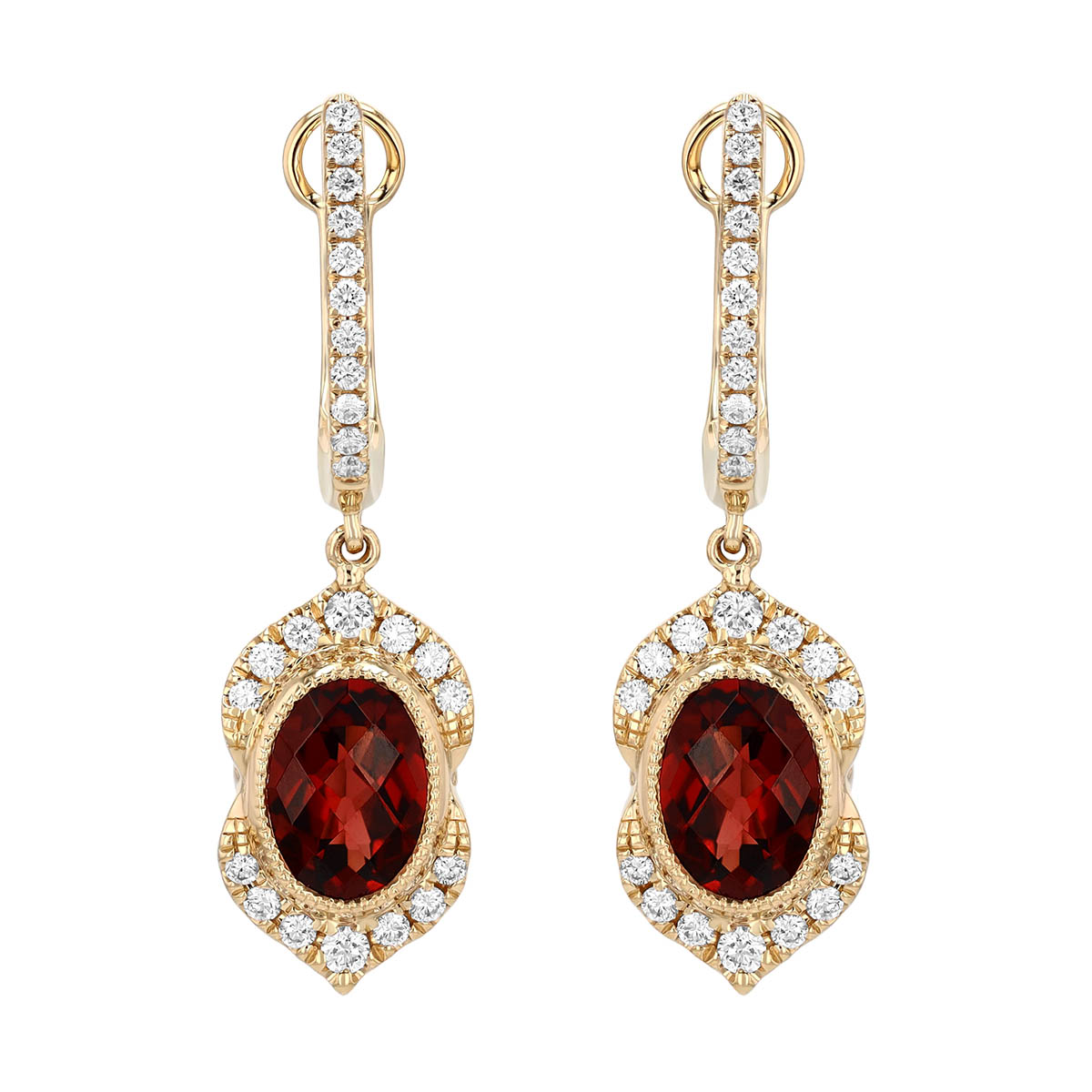Oval Garnet & Diamond Split Halo Huggie Hoop Dangle Earrings in Yellow Gold