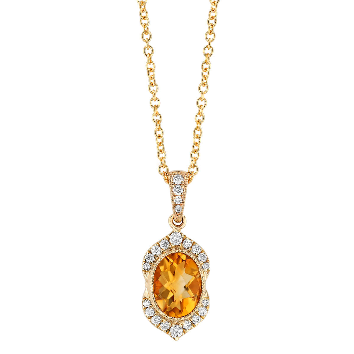 Oval Checkerboard Citrine & Diamond Split Halo Pendant in Yellow Gold, 18