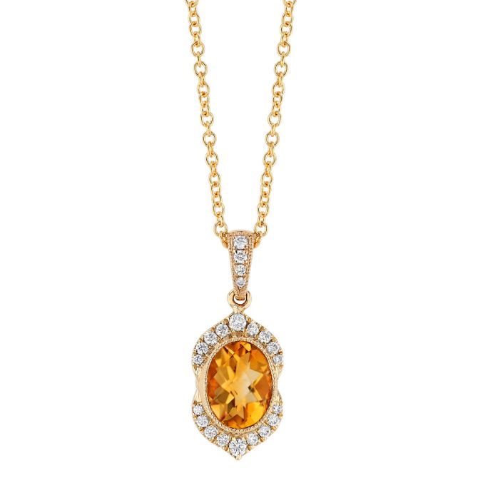 Oval Checkerboard Citrine & Diamond Split Halo Pendant in Yellow Gold, 18"